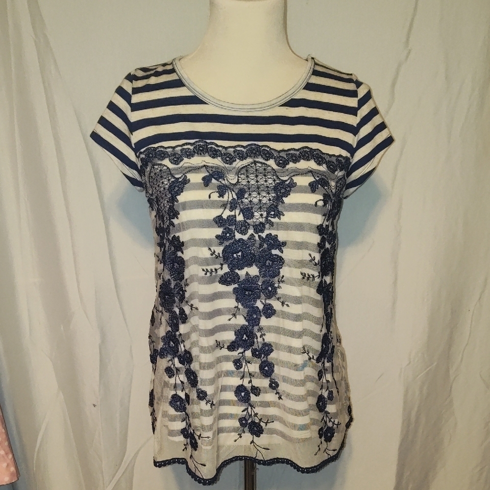Rewind navy blue and white striped top  lace and embroidered floral overlay M